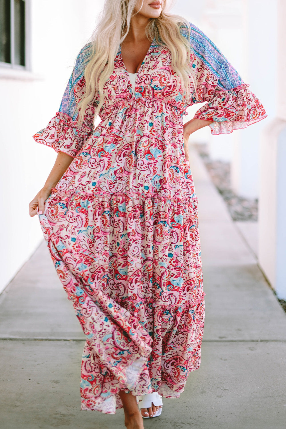 Red Boho Floral Paisley Print Tassel Tie V Neck Maxi Dress