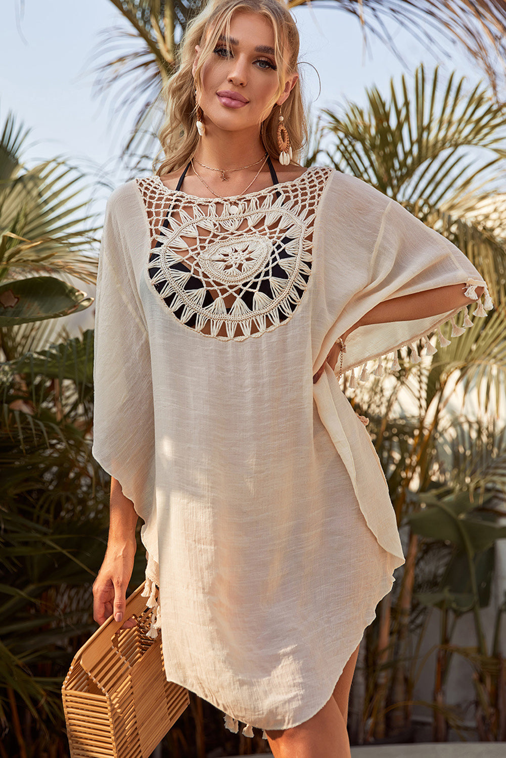 White Boho Crochet Tasseled Oversized Beach Cover Up