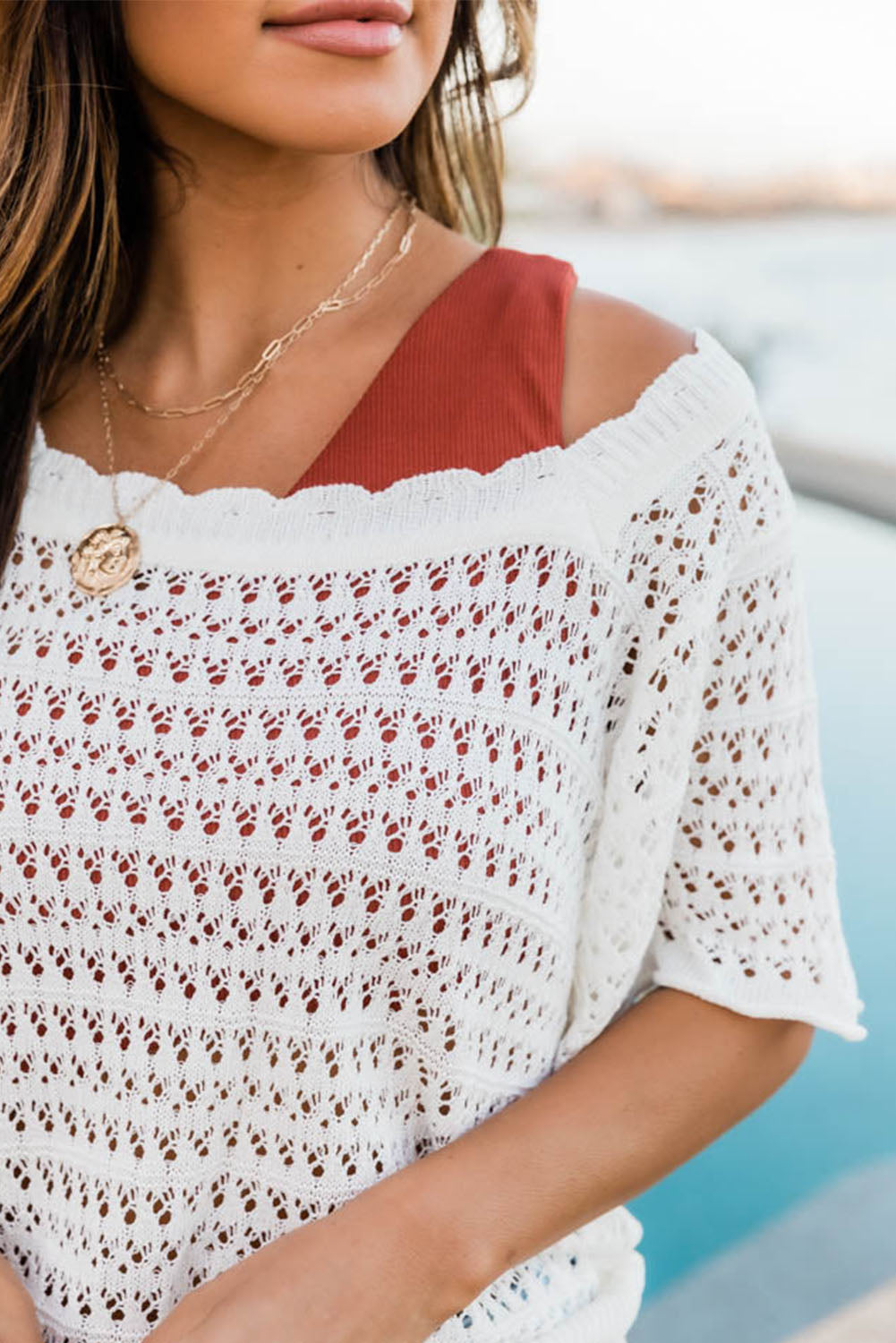 White Scalloped Neckline Open Knit Short Sleeve Sweater