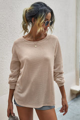 Khaki Solid Waffle Knit Raglan Sleeve Top