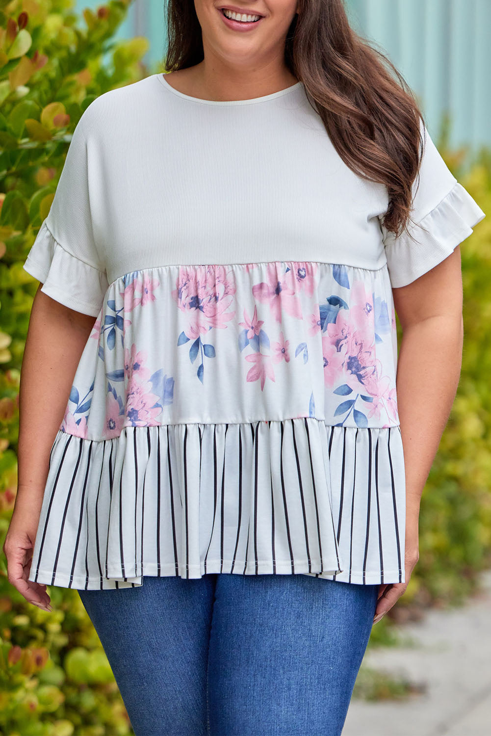 Black Plus Size Floral Stripe Color Block Babydoll Top