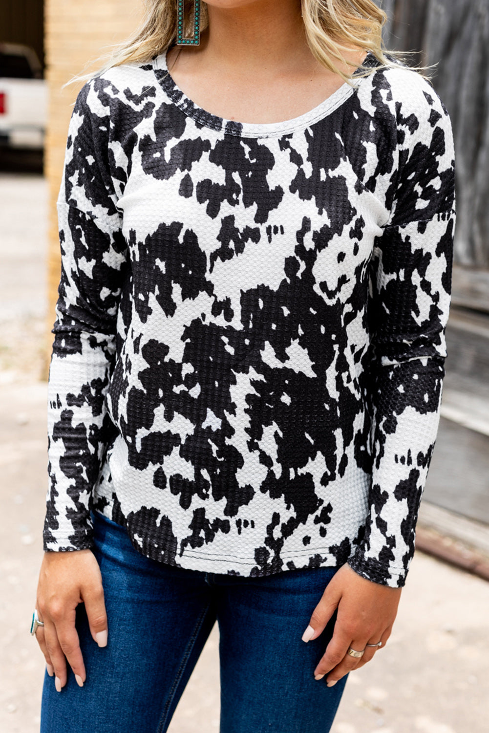 Cow Print U Neck Long Sleeve Top