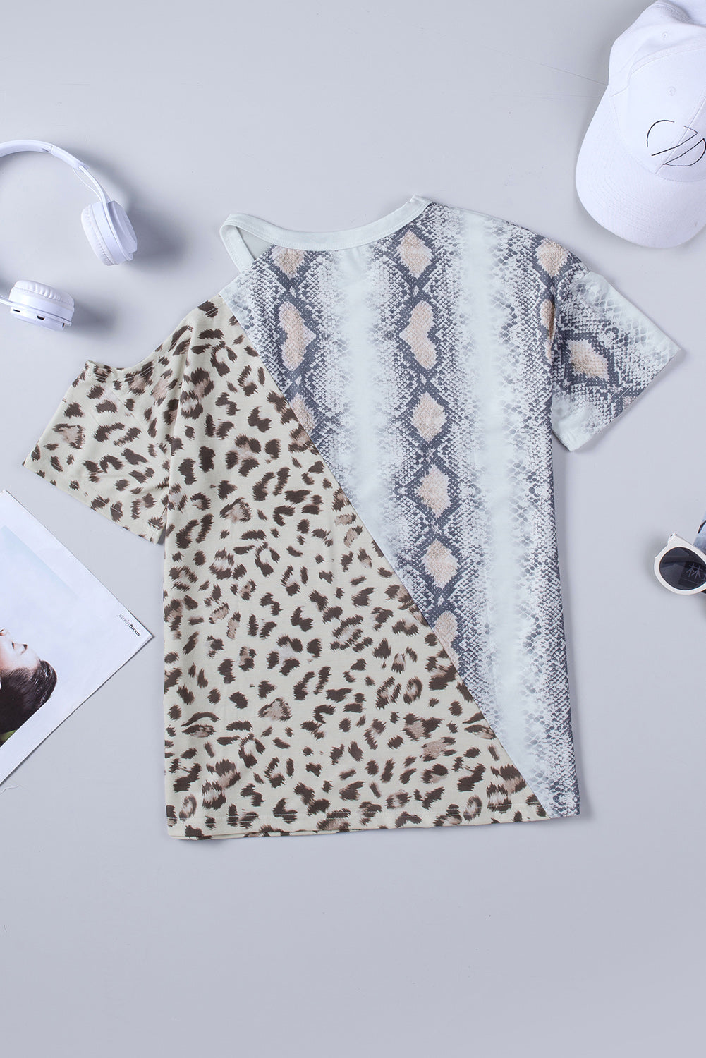 Snakeskin Leopard Color Block Cold Shoulder Short Sleeve T-shirt