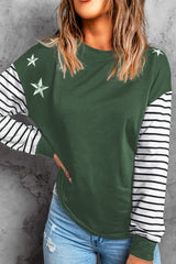 Green Striped Star Print Patchwork Long Sleeve Top