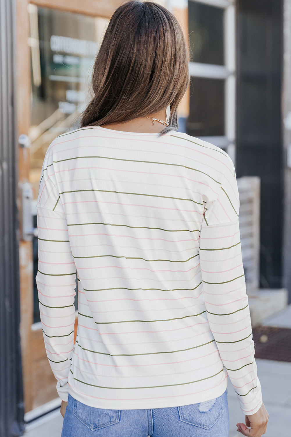 Long Sleeve V Neck Striped Print Top