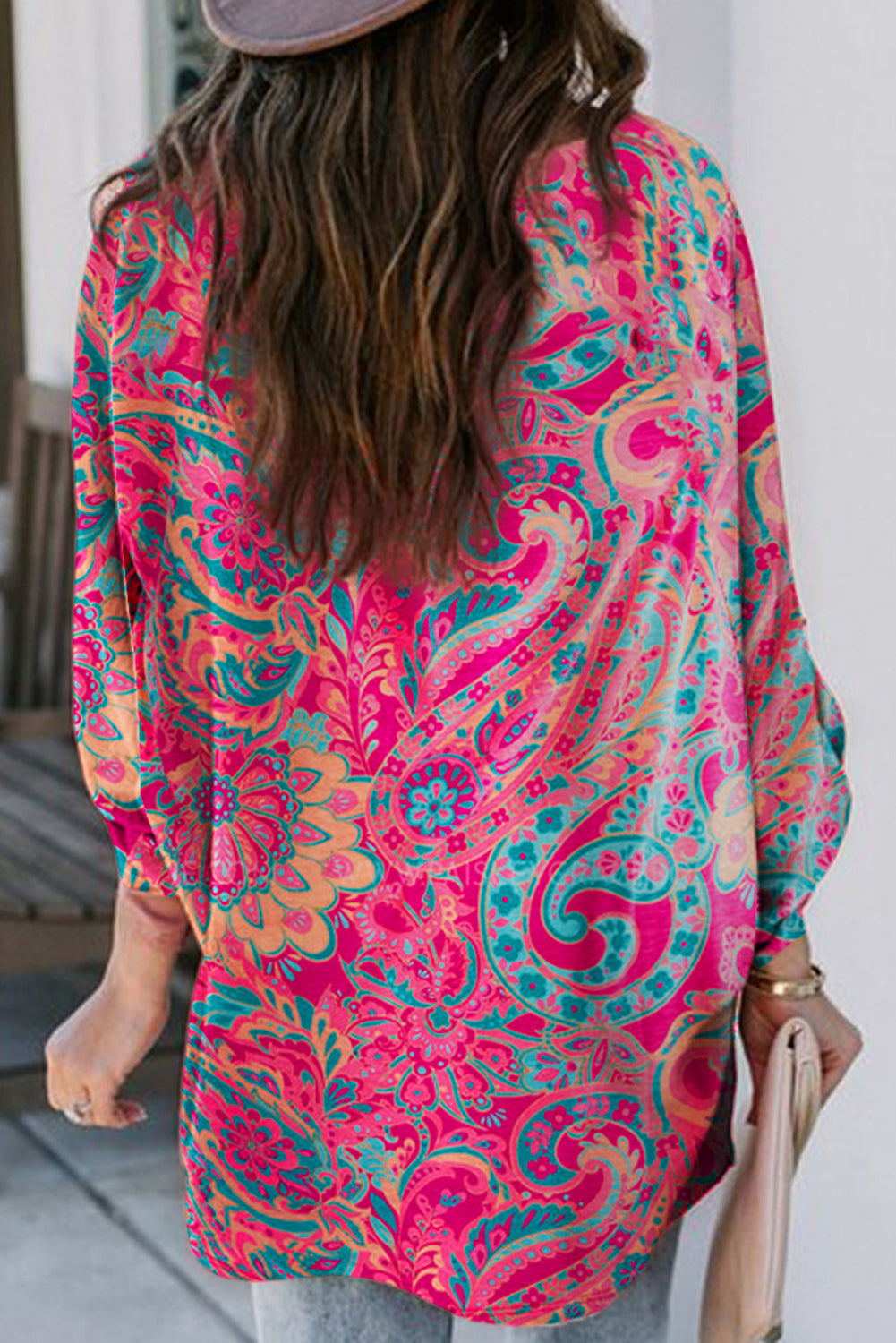 Rose Plus Size Paisley Print V Neck Roll Tab Sleeve Blouse