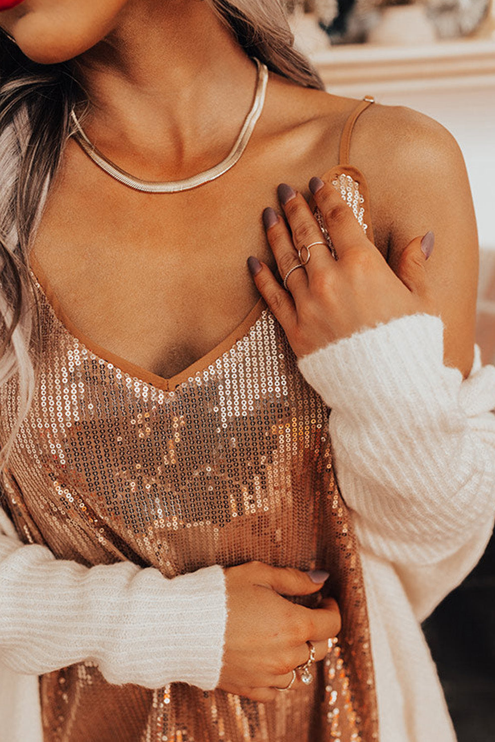 Apricot Spaghetti Straps Sequin Tank Top