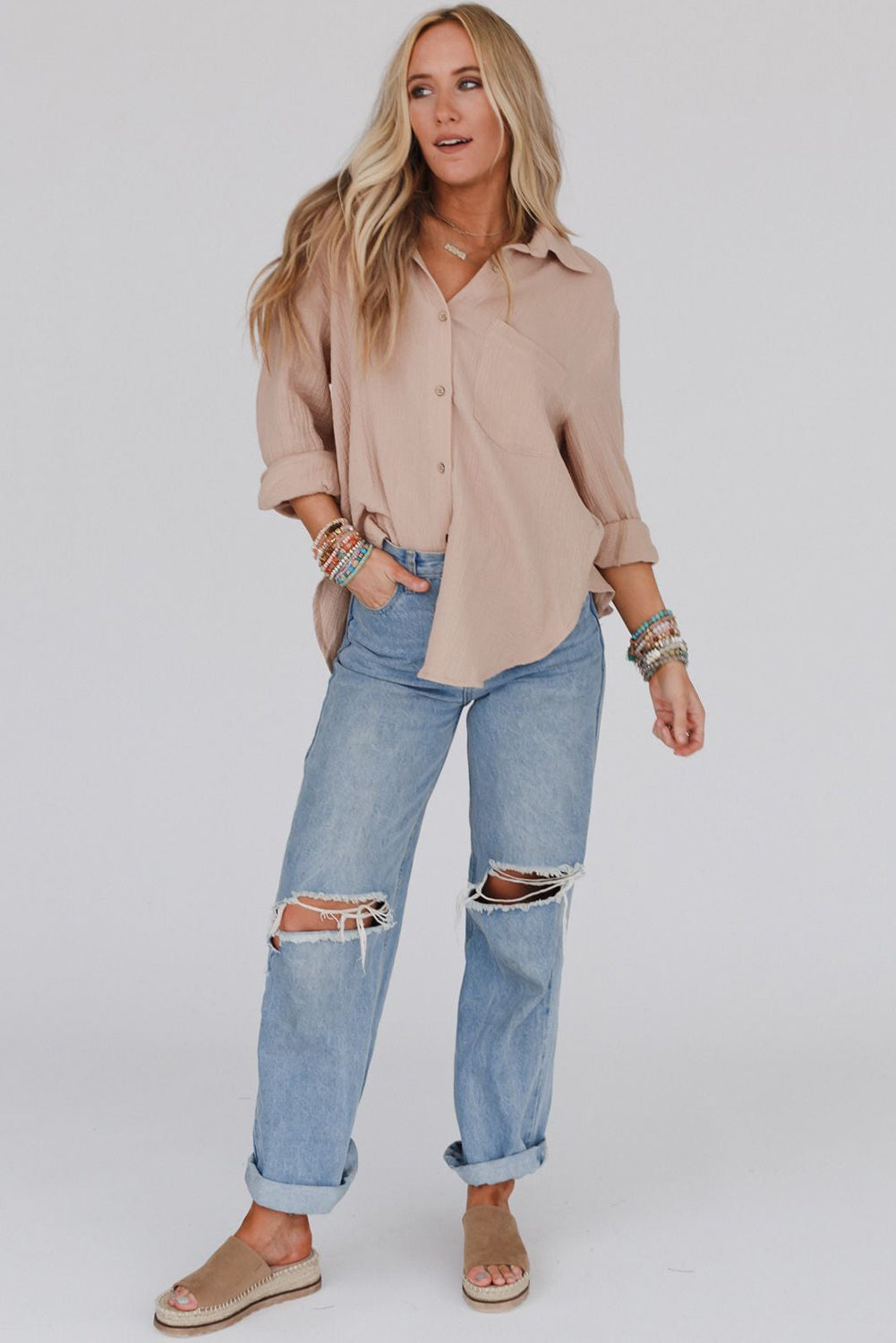 Khaki Crinkled Turn-down Collar Buttoned Shirt with Pocket