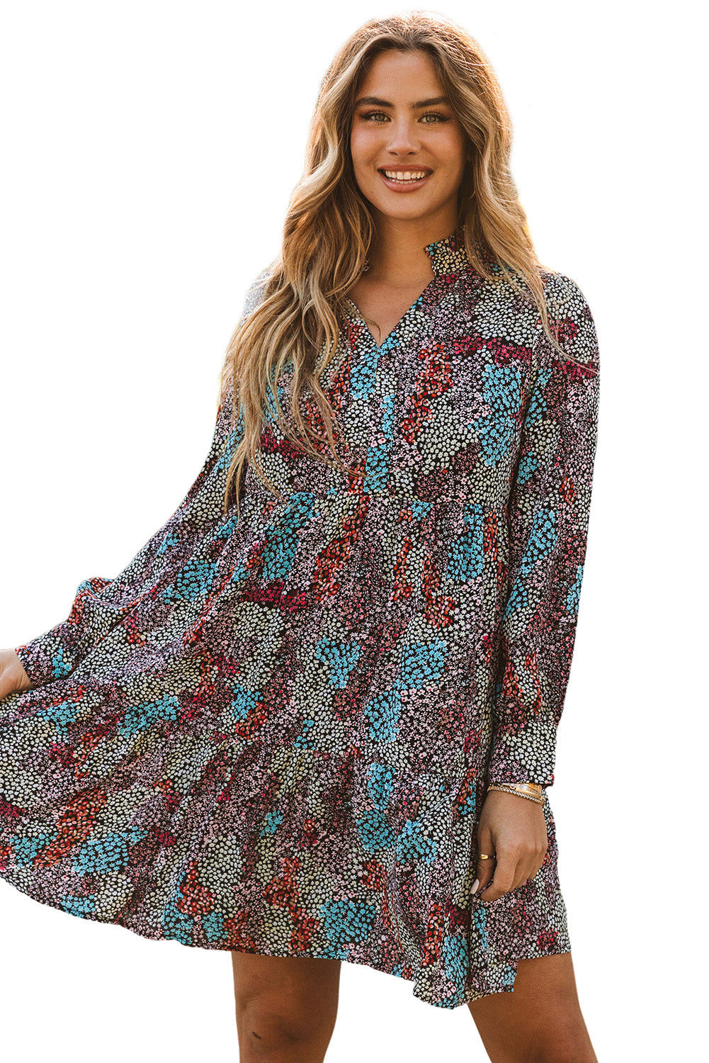 Multicolor Floral Print High Waist V Neck Shirt Dress