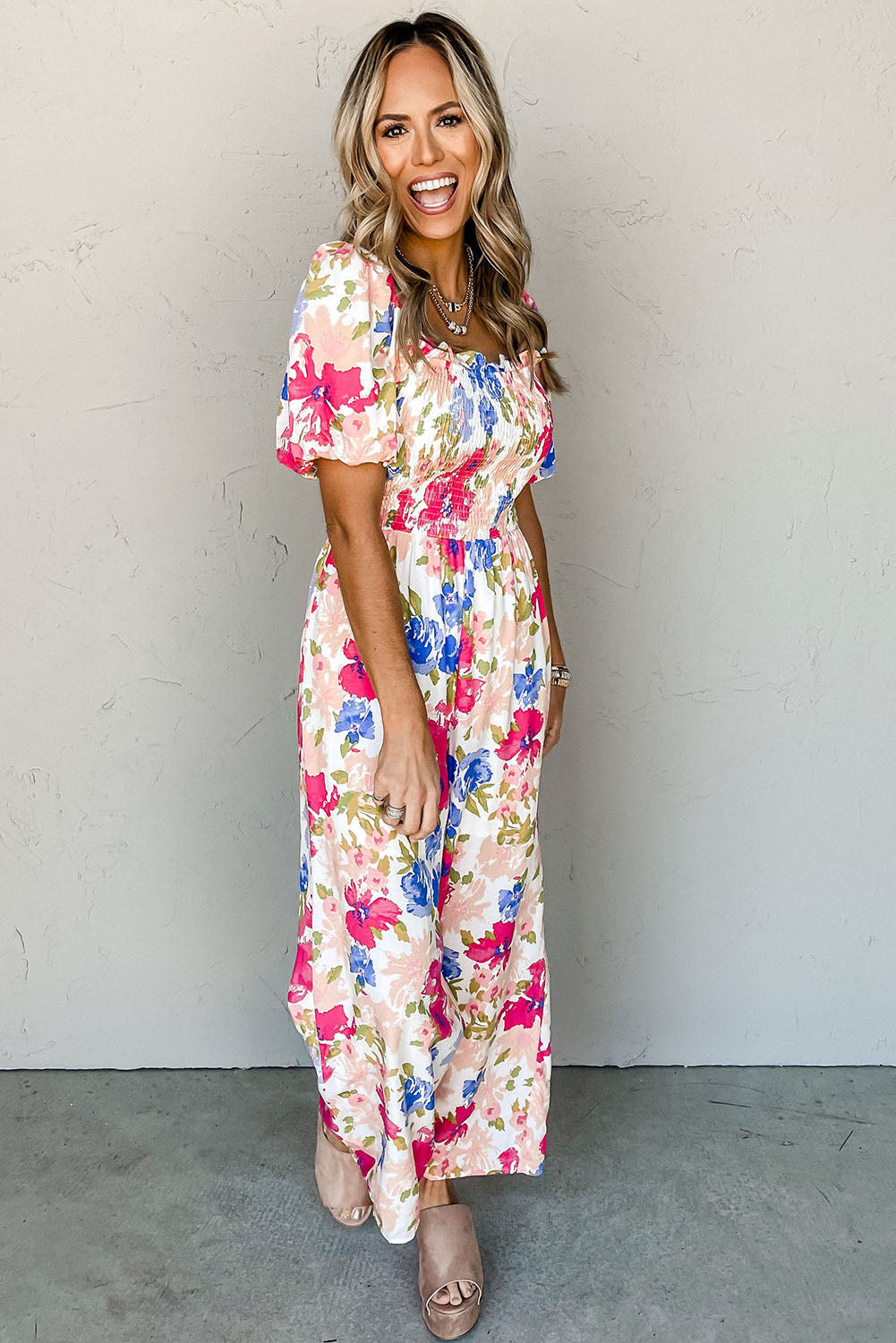 Multicolor Floral Print Smocked Puff Sleeve Jumpsuit