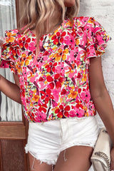 Red Floral Layered Sleeve Blouse