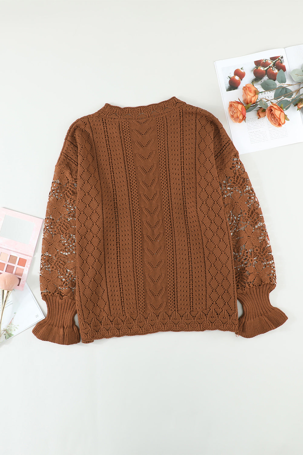 Blue Crochet Lace Pointelle Knit Sweater