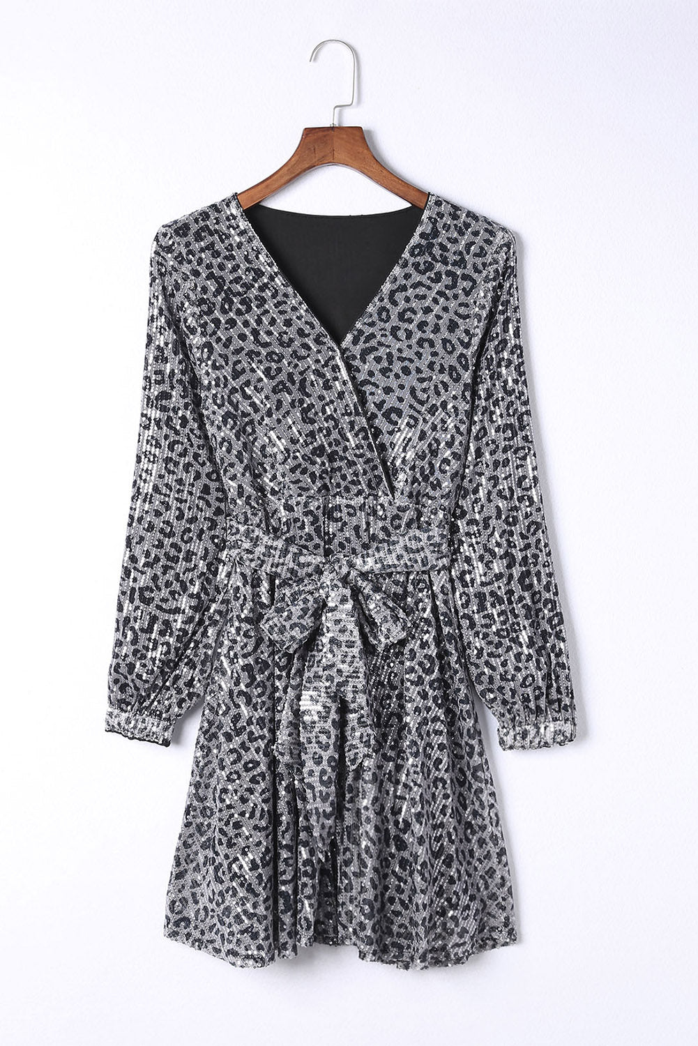 Gray Leopard Sequins V Neck Wrap Dress with Tie