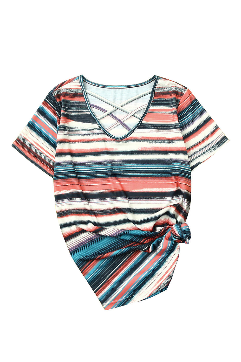 Multicolor Striped Crisscross Neck Short Sleeve Top