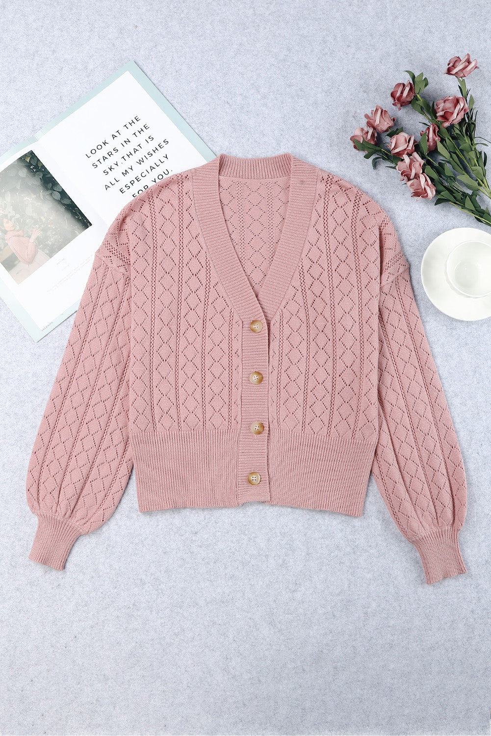 Pink V Neck Buttoned Bishop Sleeve Cardigan