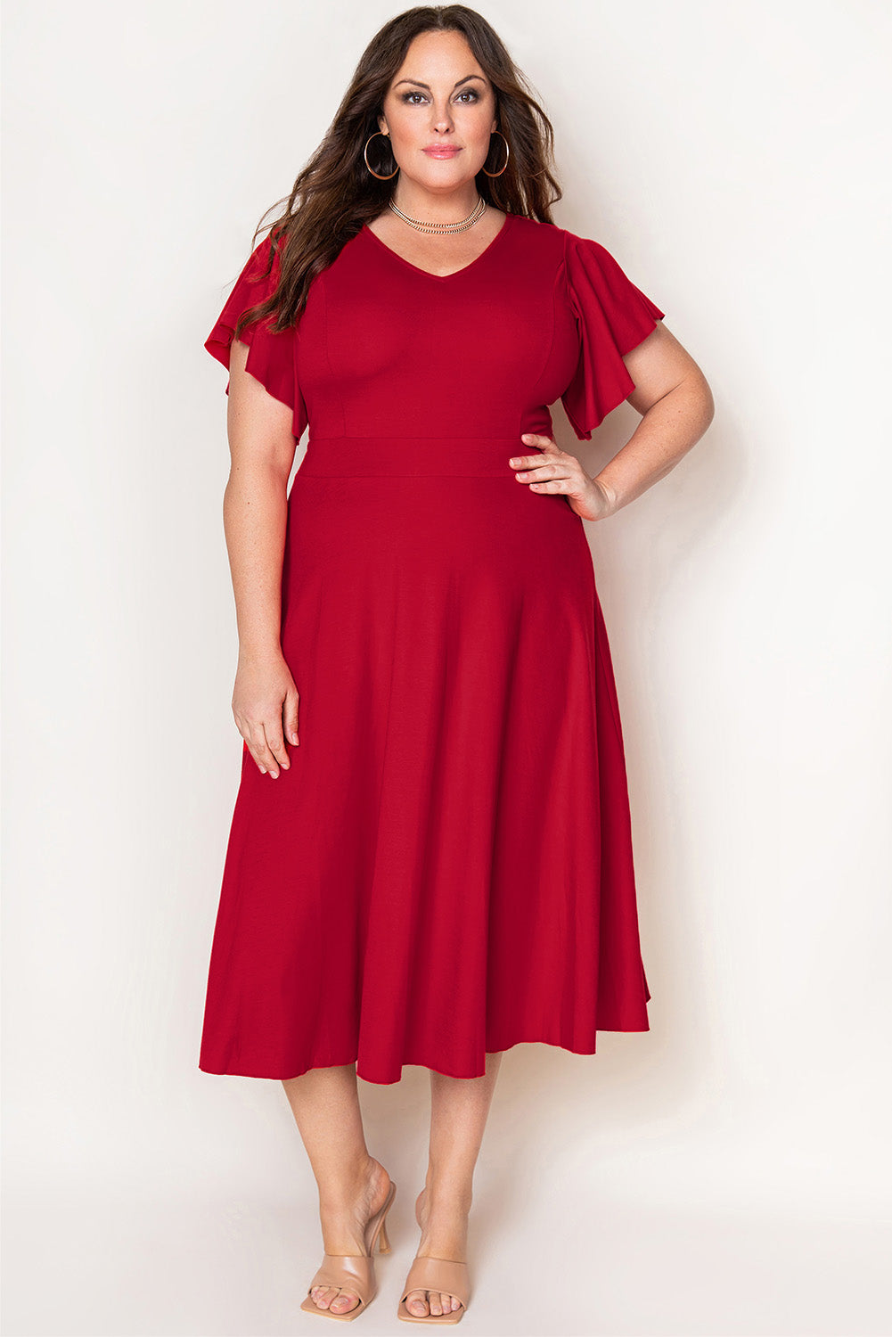 Red Plus Size Short Flutter Sleeve Midi Dress