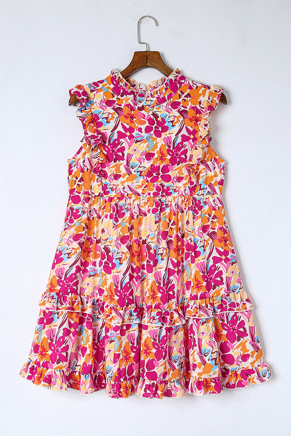 Red Ruffle Trim Tiered Sleeveless Floral Mini Dress