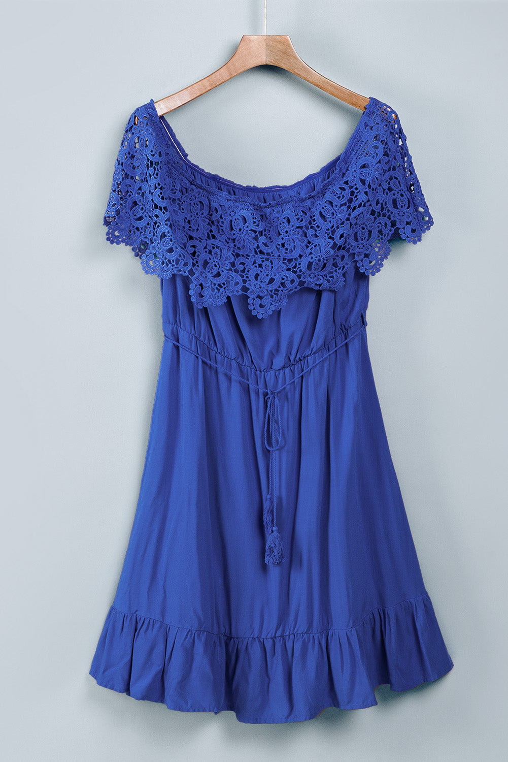 Blue Off-the-shoulder Lace Sleeves Plus size Dress