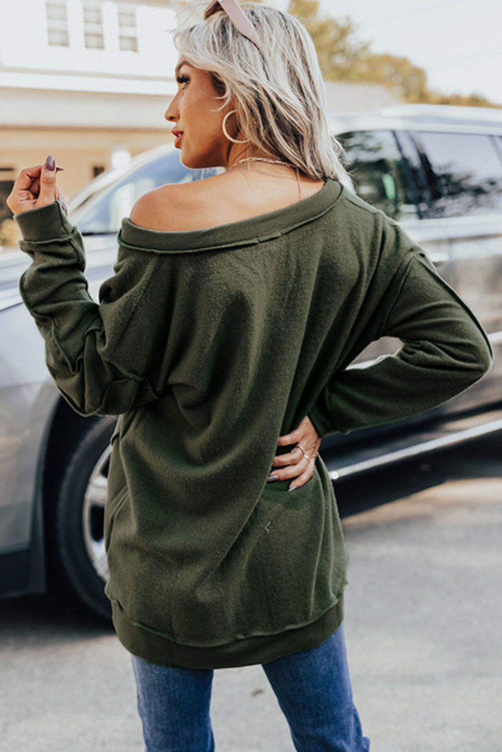 Green Expose Seam Detail Split Neck Long Sleeve Top