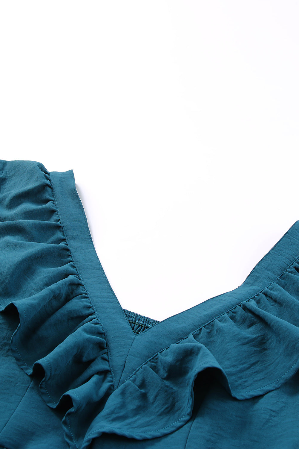 Blue Ruffle Trim V Neck Smocking Back Mini Dress