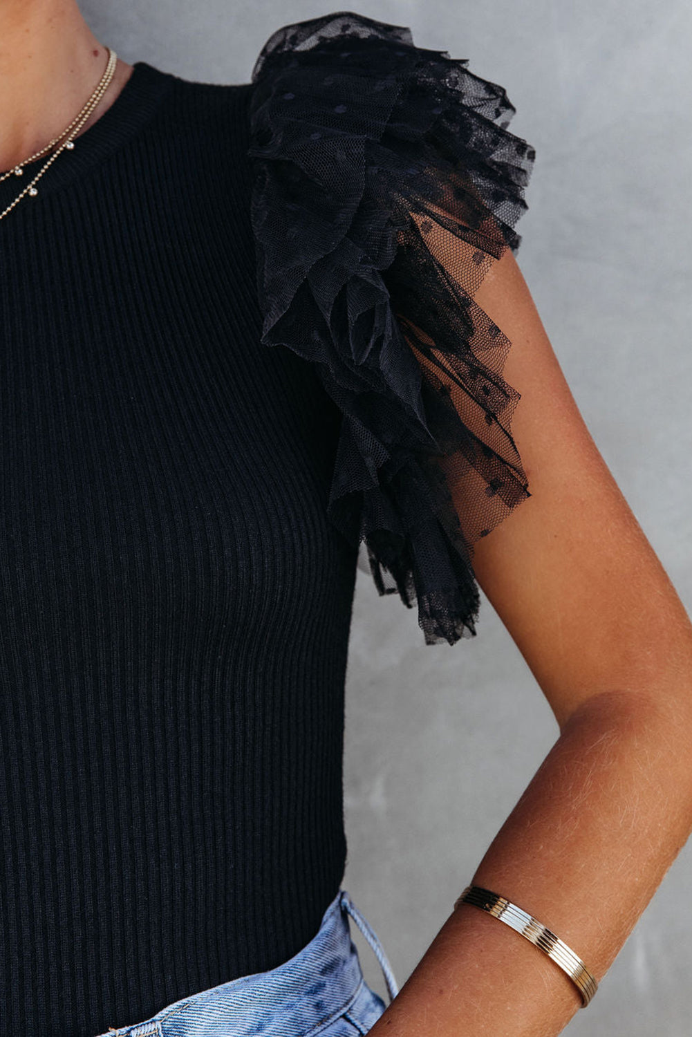 Black Dotty Mesh Ruffle Sleeve Ribbed Knit Babydoll Mini Dress