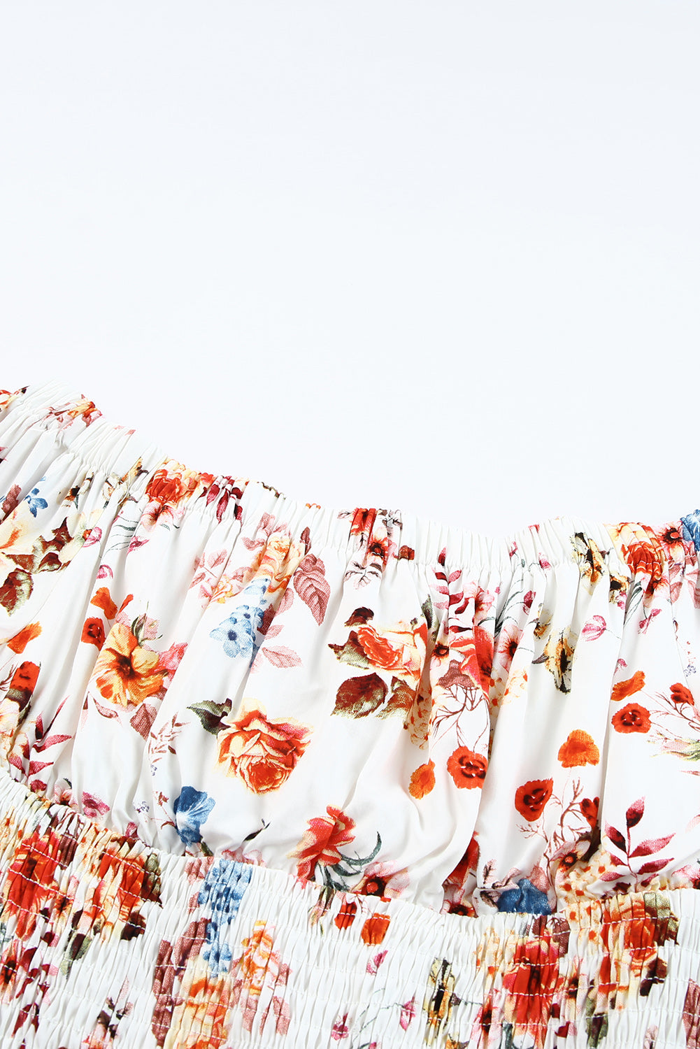 White Off Shoulder Smocked Waist Floral Dress