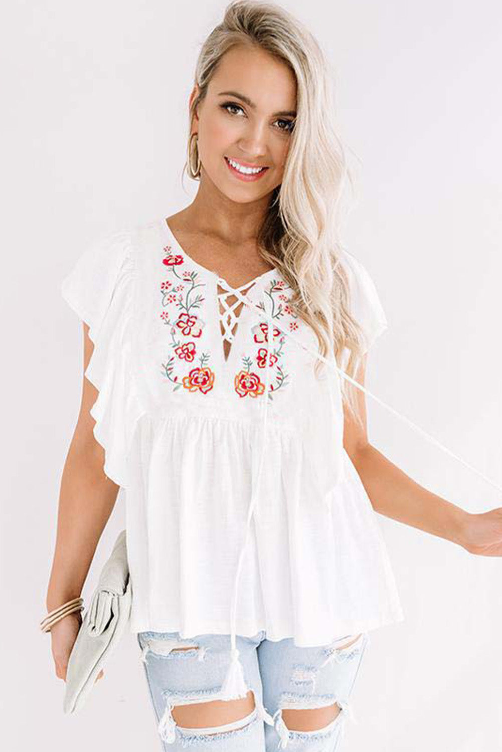 White Floral Embroidered Ruffled Lace-up V Neck Top