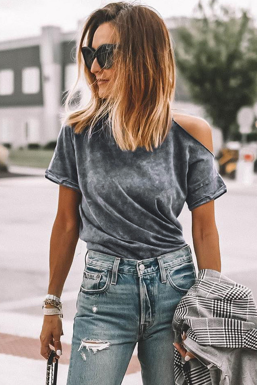 Gray Vintage Asymmetric Cold Shoulder T-shirt