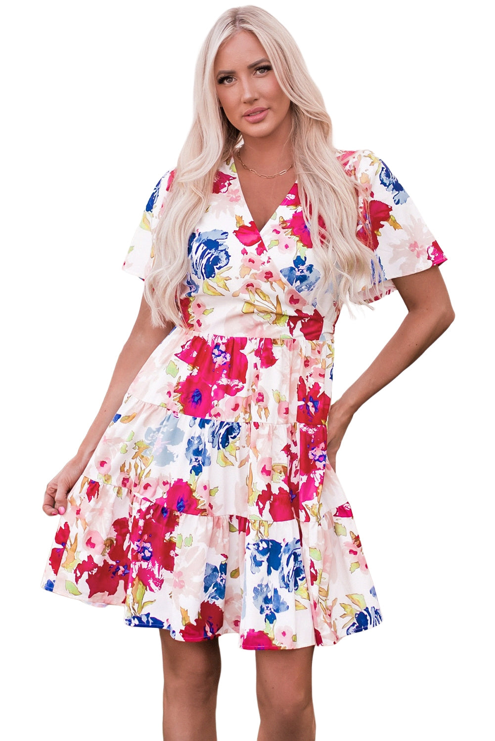 Multicolor Sweet Floral Wrap V Neck Skater Dress