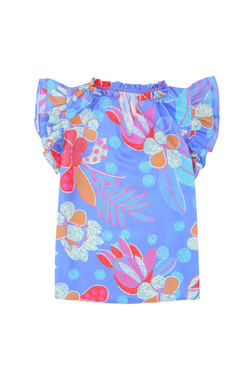 Blue Split V Neck Flutter Floral Top