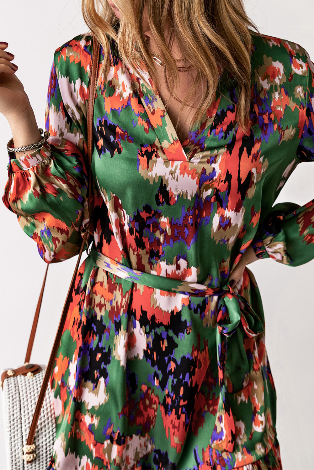 Green Abstract Print Ruffled Drawstring High Waist Mini Dress