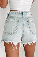 Sky Blue Distressed Raw Hem High Waist Denim Shorts