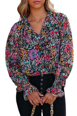 Multicolor Floral Print Ruffled Long Sleeve V-Neck Blouse