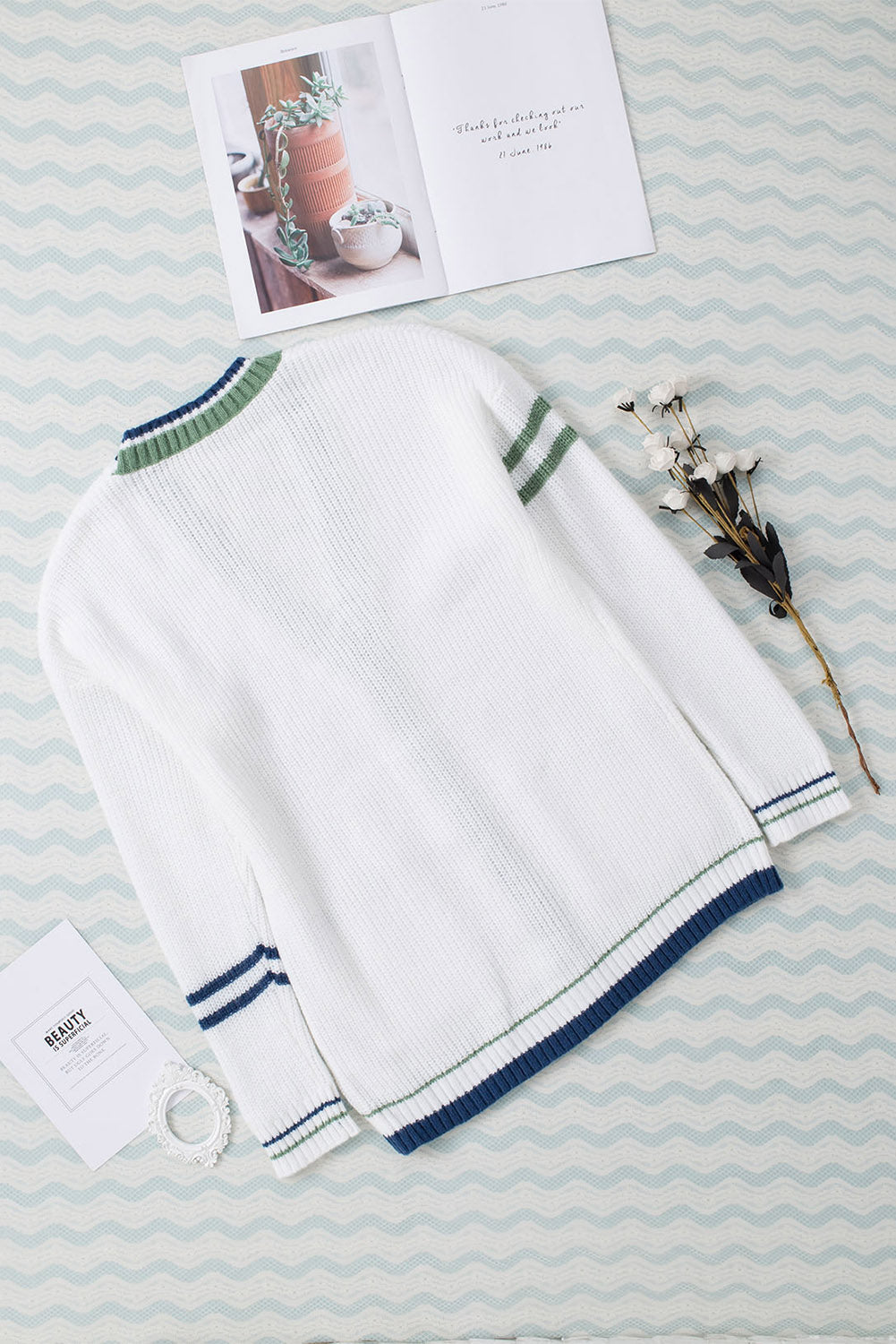 White Striped Buttoned Pocketed Drop Shoulder Sweater
