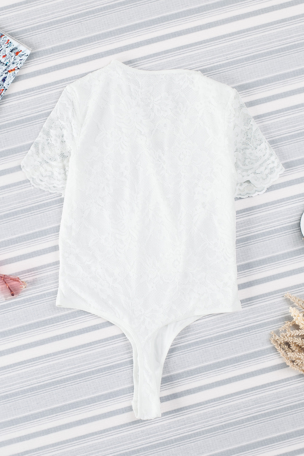 White Lace Scalloped V Neck Wrap Short Sleeve Bodysuit