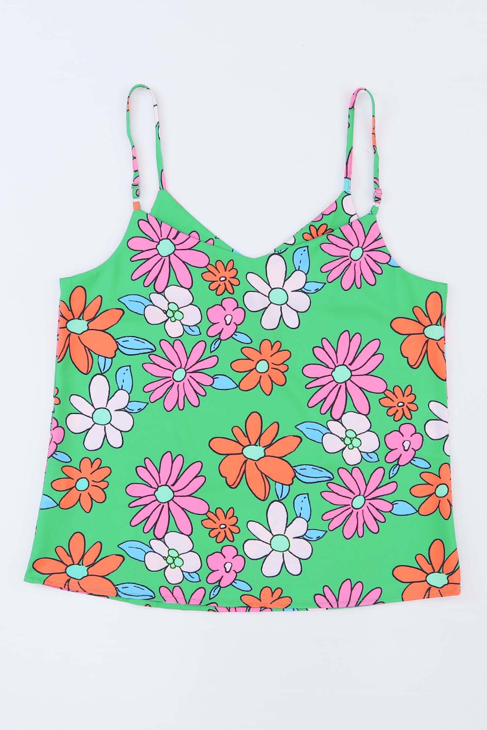 Green Adjustable Spaghetti Straps Floral Print Tank Top