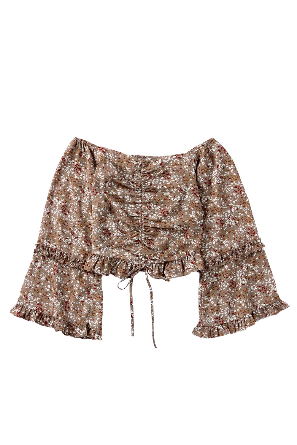 Brown Floral Print Off Shoulder Ruched Crop Top