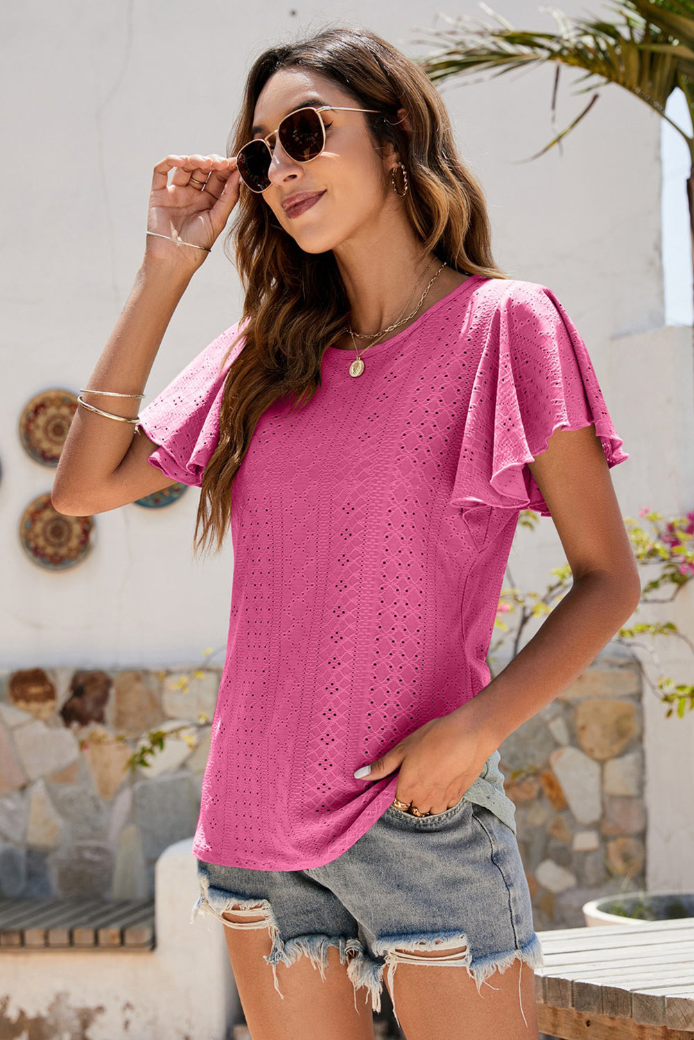 Rose Flutter Sleeve Eyelet Textured Top