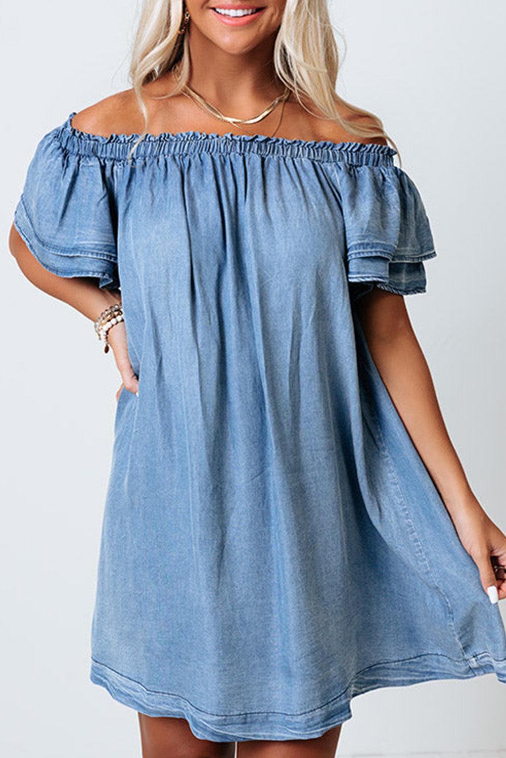 Sky Blue Off-shoulder Ruffle Sleeves Chambray Dress