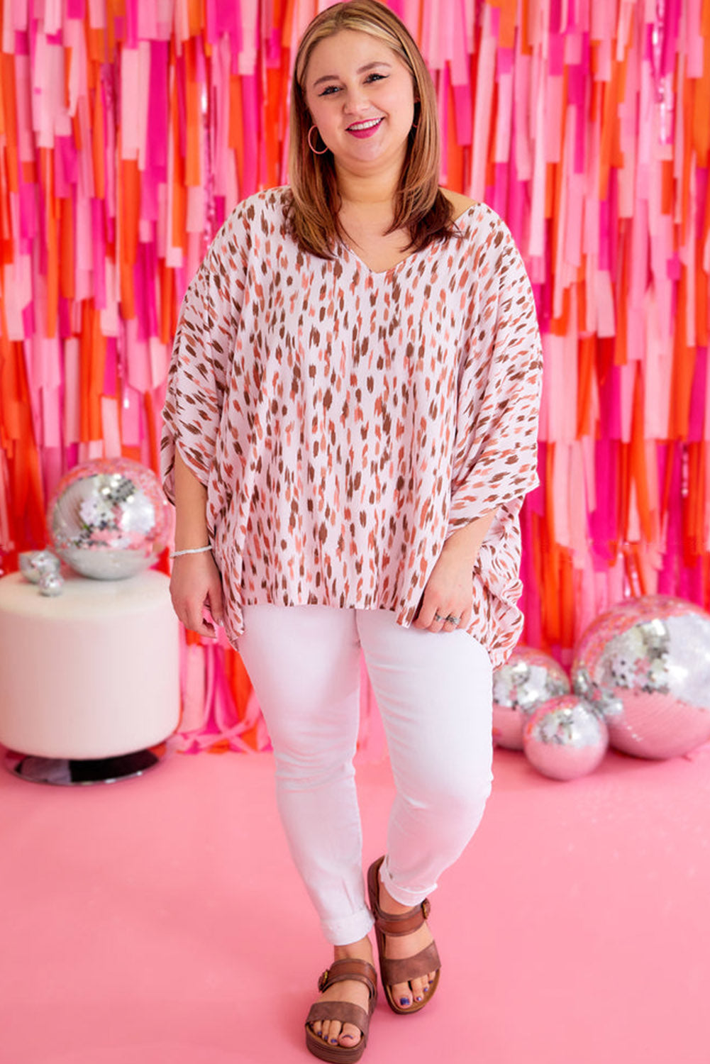 Pink Printed 3/4 Dolman Sleeve Plus Size Blouse