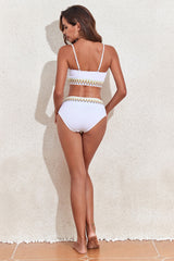 Beige Ribbed Leaf Print High Waist Bikini Set