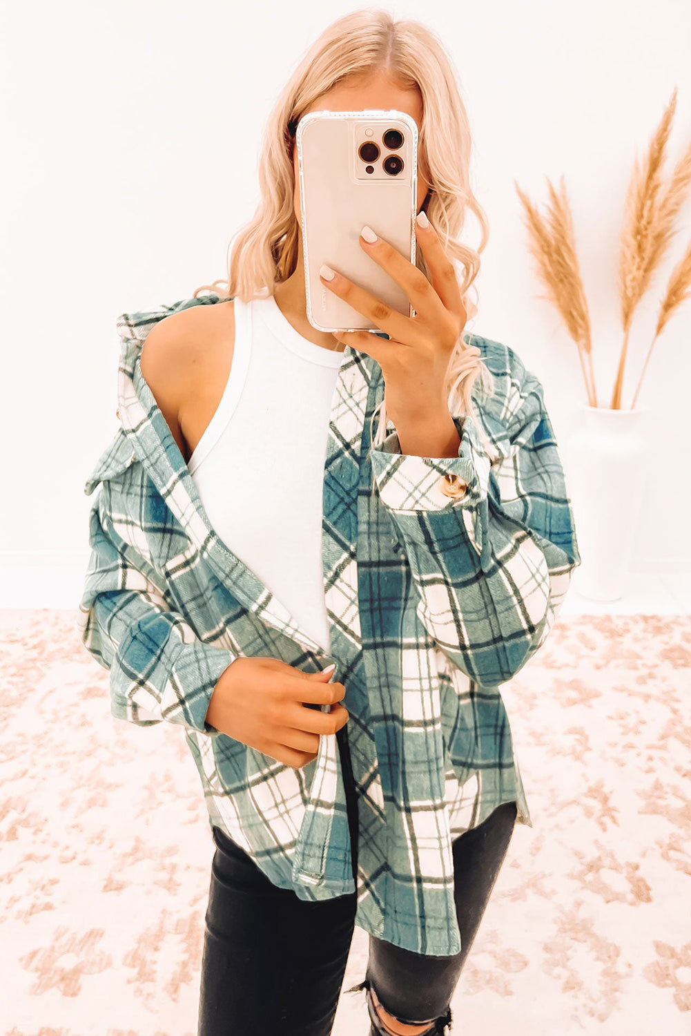 Green Plaid Pattern Flap Pockets Shirt Jacket