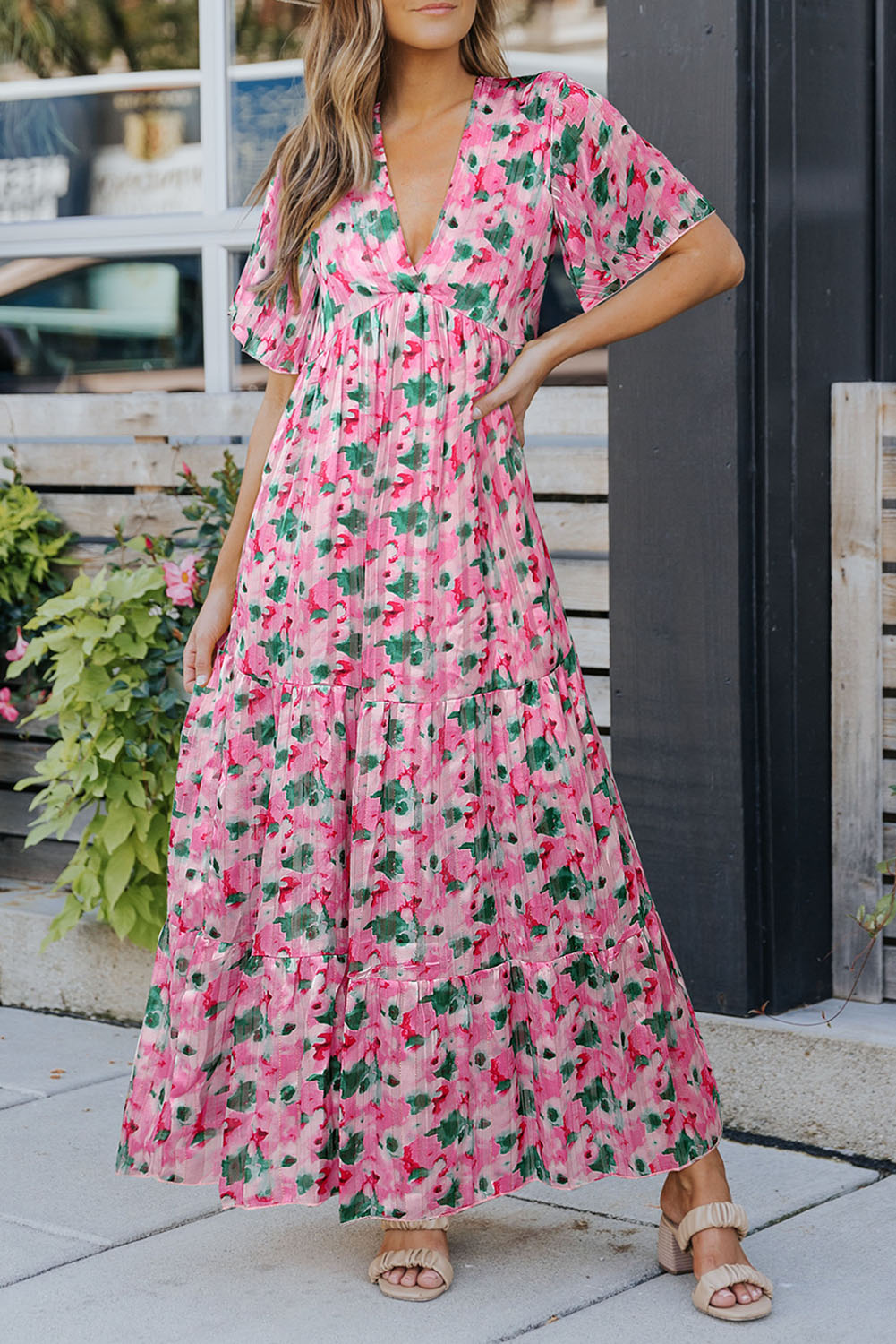 Pink Wide Sleeves Floral Print Maxi Dress