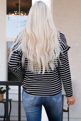 Black Striped Print Ruffled Buttoned Long Sleeve Top