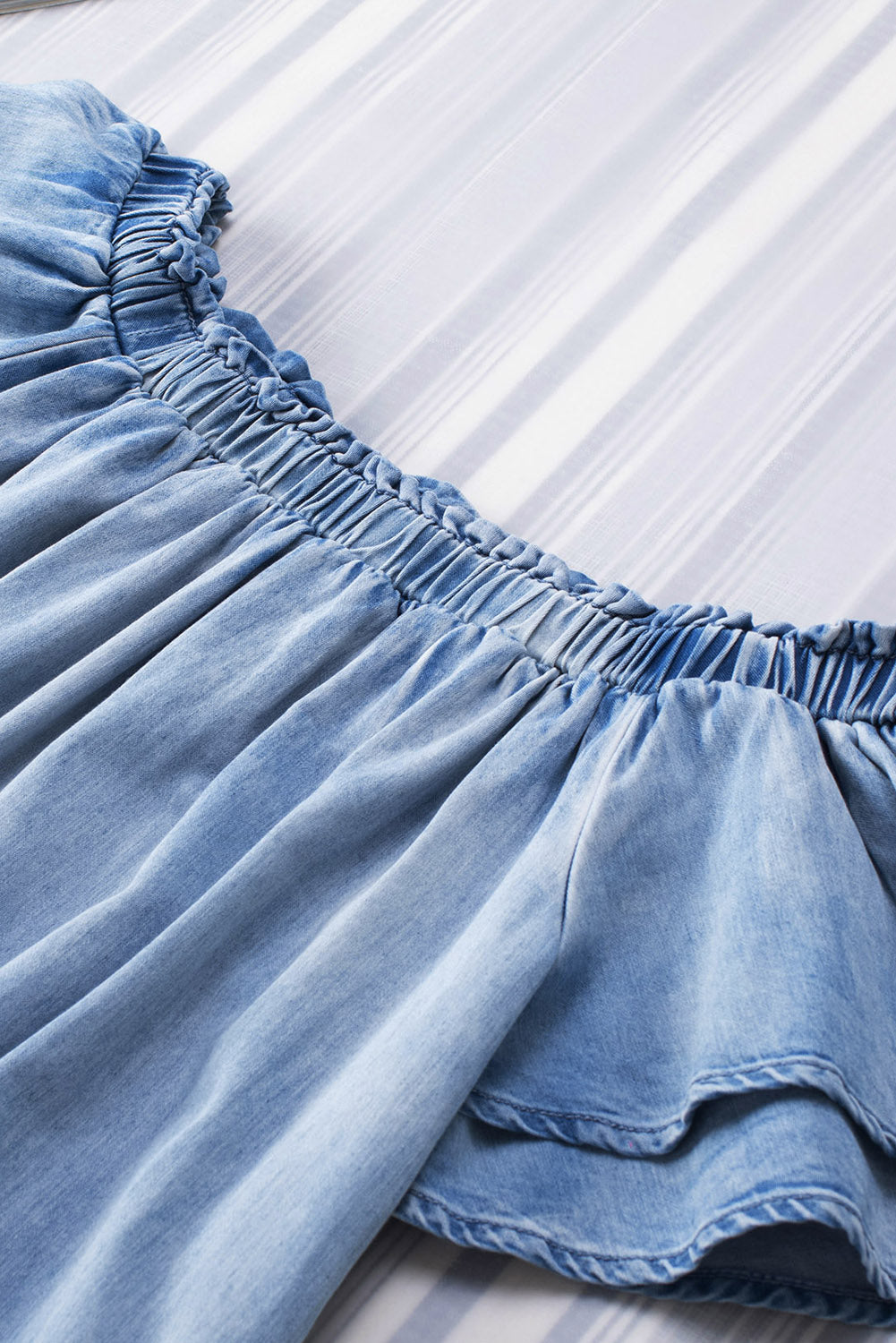 Sky Blue Off-shoulder Ruffle Sleeves Chambray Dress