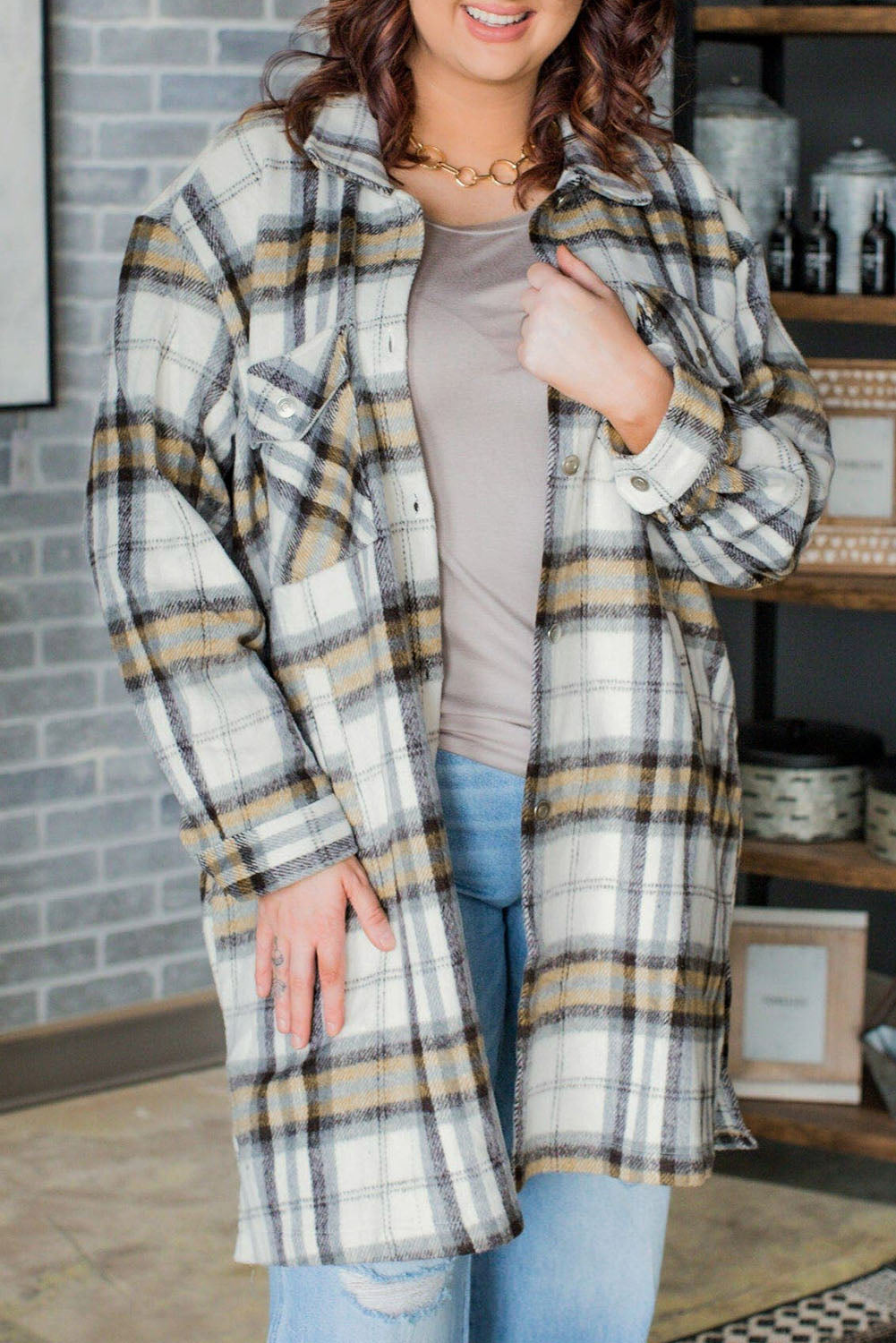 Multicolor Plus Size Plaid Pocketed Side Slit Shacket