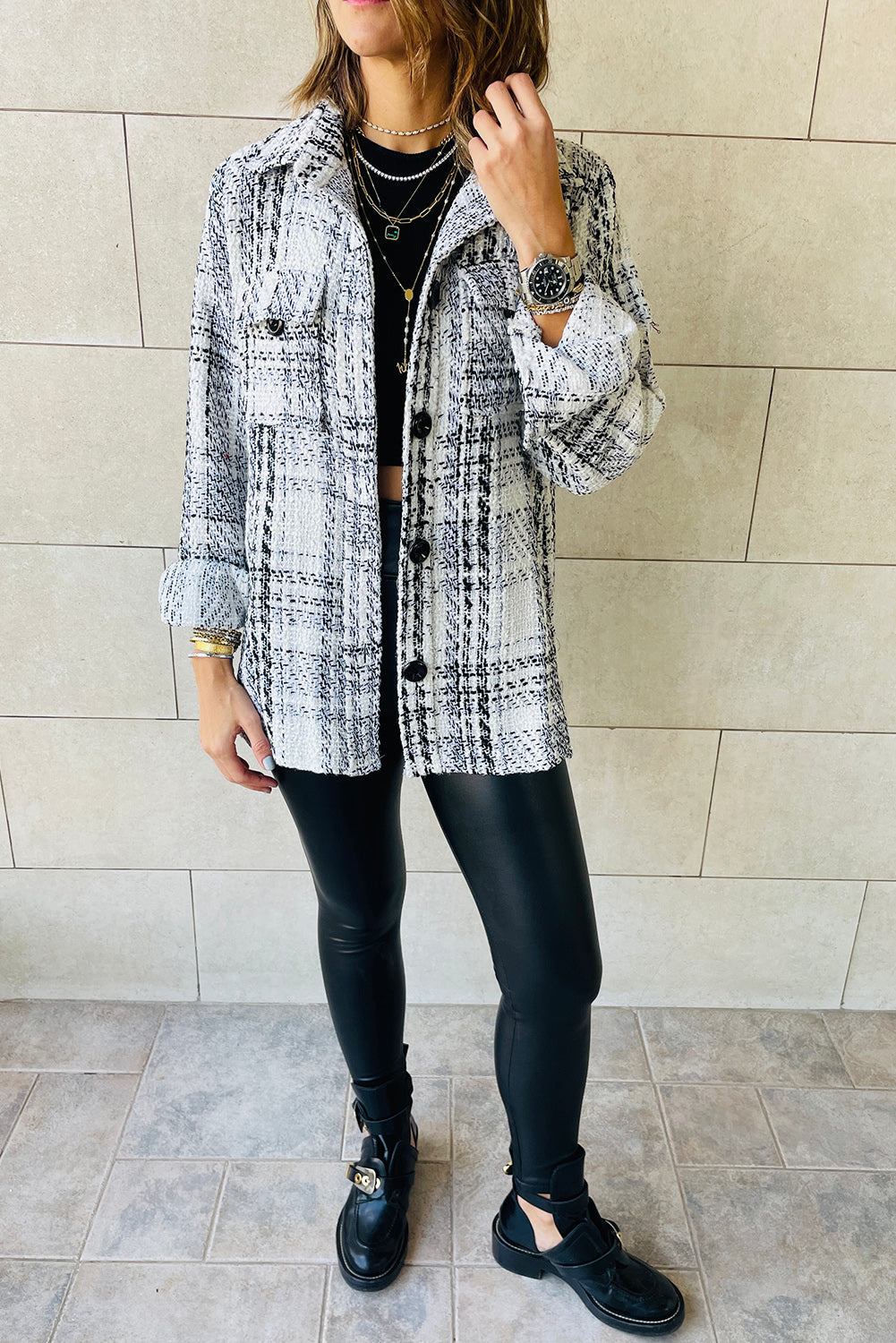 White Plaid Print Pocketed Shirt Jacket