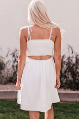 White Smocked Hollow-out Flared Mini Dress