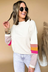 Beige Exposed Seam Colorblock Raglan Sleeve Pullover Top