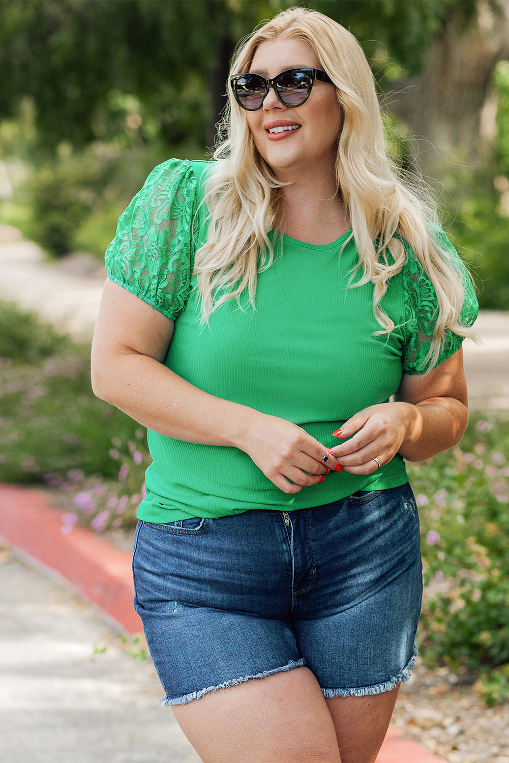 Green Ribbed Lace Patchwork Puff Sleeve Plus Size Blouse